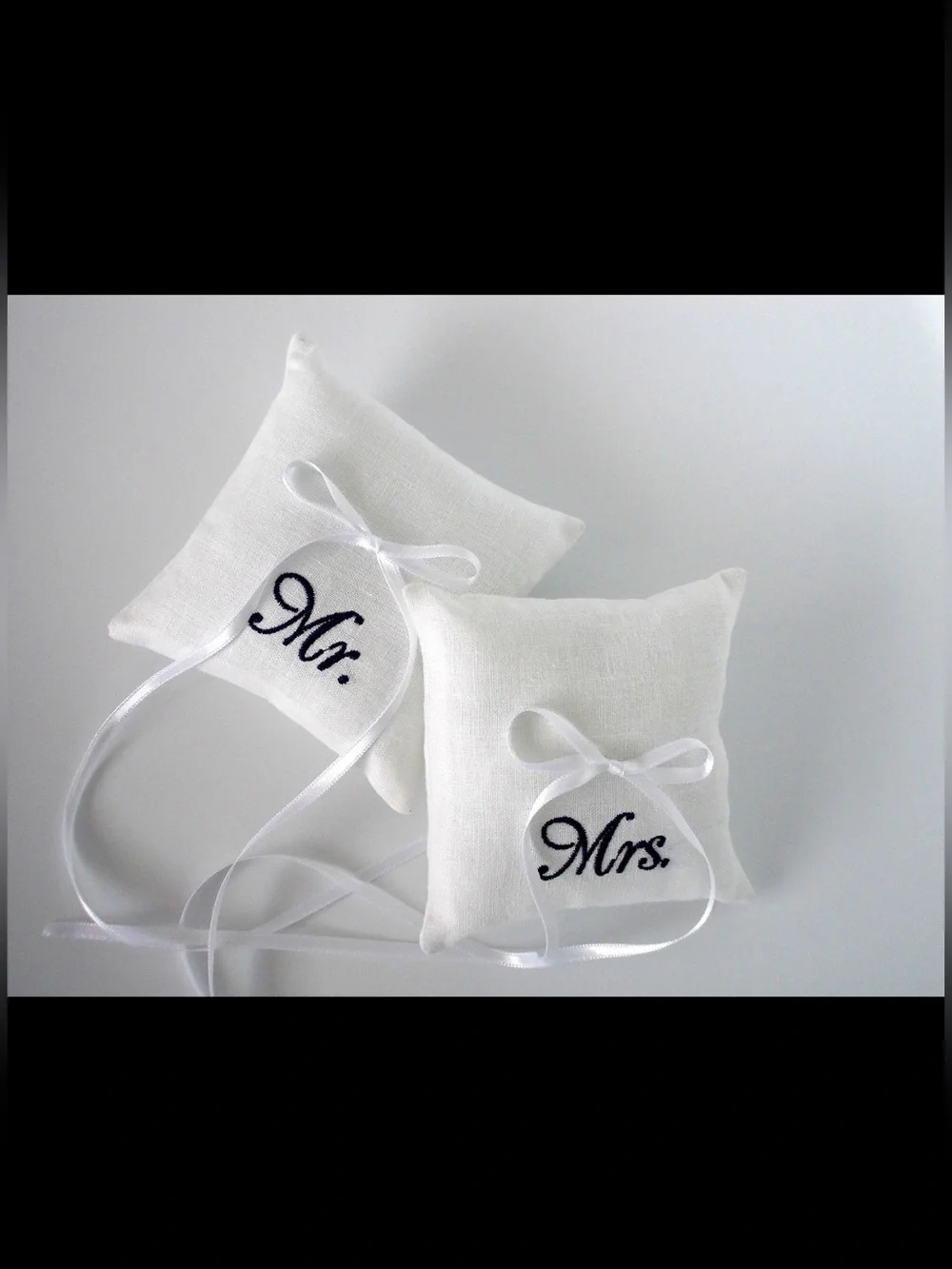 Mr. & Mrs. Embroidered Ring Bearer Pillows - White